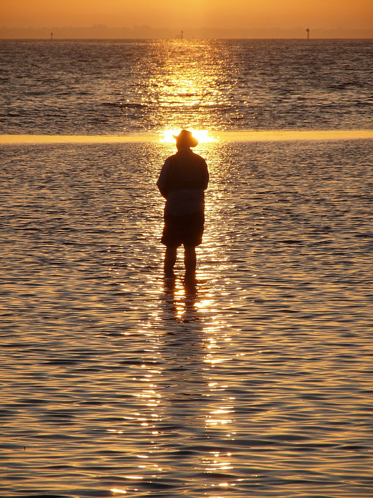 sunset, seascape, ocean, water, silhouette, man, person