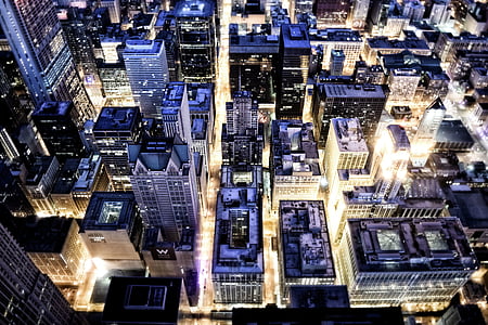 pohled z ptačí perspektivy, budovy, město, Panoráma města, světla
