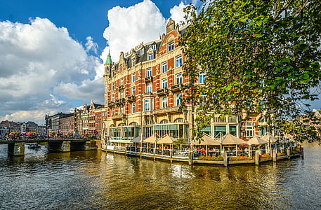 Amsterdam, kanāls, tilts, Viesnīca, Nīderlande, Eiropa, pilsēta