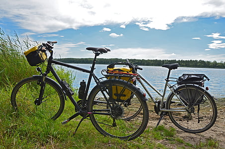 bicicleta, Lago, água, céu, mais, descanso, passeio de bicicleta