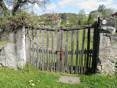 bariéra, portál, zahrada, pole, zavírání, venkov, dřevěný plot