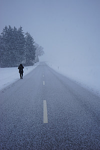 blizzard, road, way home, alone, leave, cold, person