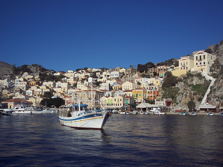 Simi, båt, Grekland, Grekiska, ön, Symi, sommar