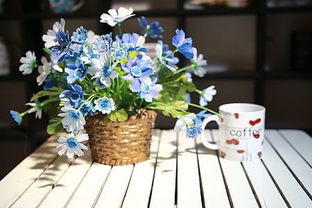 cup, flowers, table, flower, no people, wood - material, day