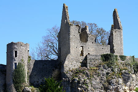 verkruimel kasteel berry Frankrijk, Frankrijk-burchtruïne, Angles-sur-l'anglin, Frankrijk steen ruïnes, Kasteel blijft middeleeuwse Frankrijk