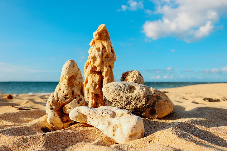 rocks, sand, beach, stone, nature, blue, summer
