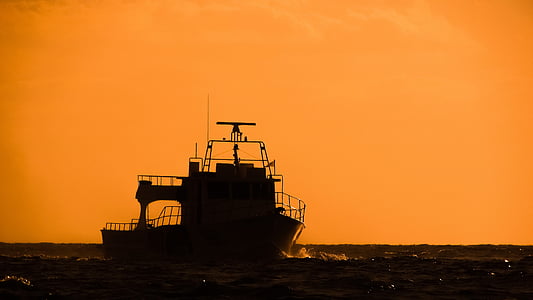 boat, sunset, sea, shadows, evening, silhouette, orange