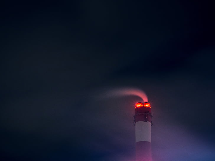 chimney, smoke, power plant, industrial, night, sky, dark