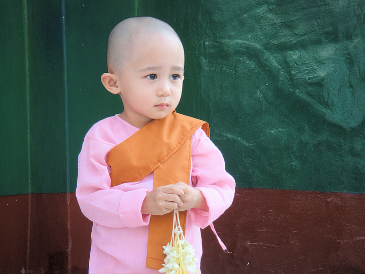 bērnu, Mjanma, Birma, Monks, jauks, sakautrējies, meitene