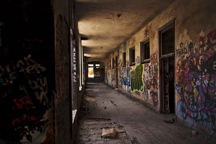 opuštěné, škola, Florida, Spojené státy americké, graffiti, Corredor