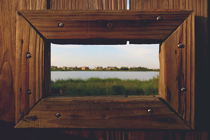 tráva, jezero, řeka, pohled, okno, dřevěný, dřevo - materiál