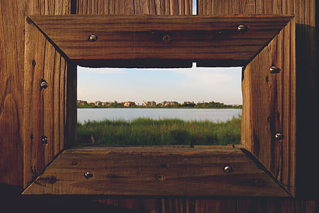 трава, озеро, Река, вид, окно, деревянные, Вуд - материал