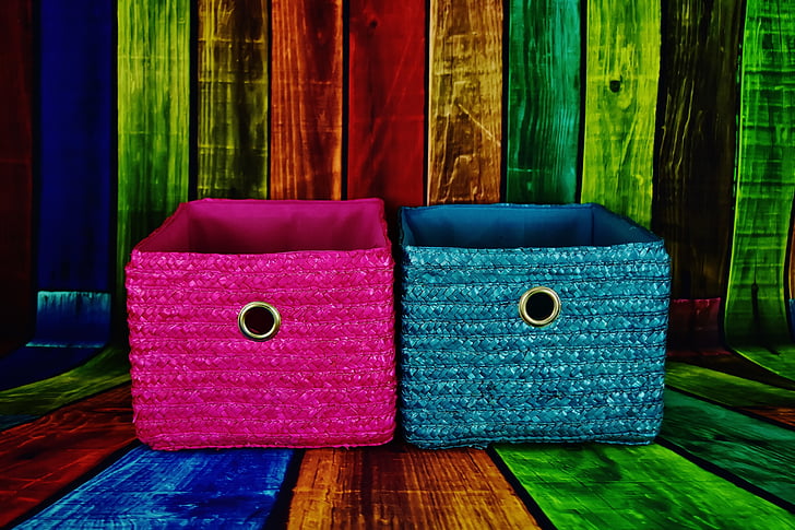 cestas, -de-rosa, azul, colorido, armazenamento, decoração, plano de fundo