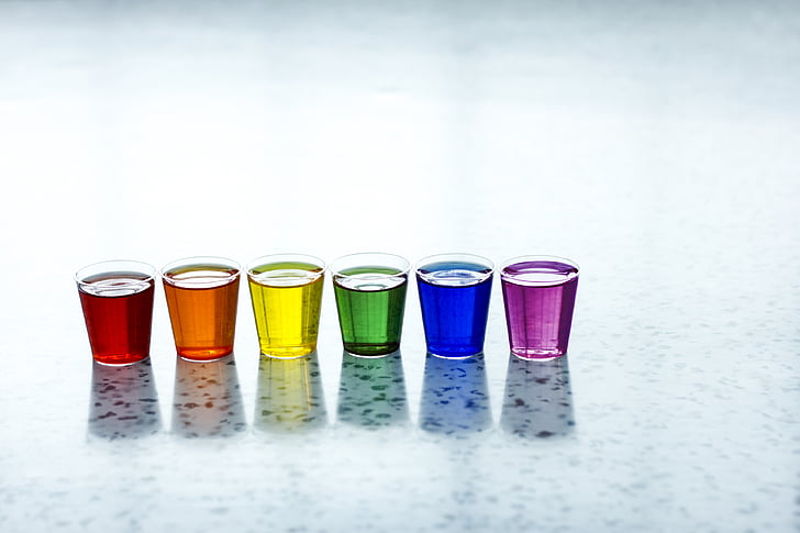 six, shot, glasses, assorted, color, liquids, white