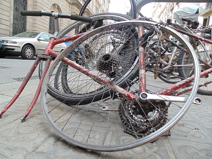 Barcelona, iela, pilsēta, velosipēdu, vecais, pamesti, izmantojot