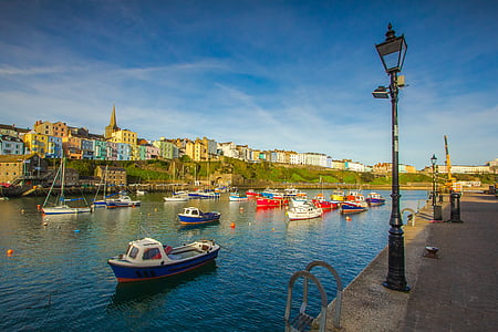 Porto, oceano, naves, cidade, férias, país de Gales, Inglaterra