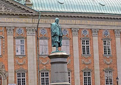 Stockholm, statuja, Aksels Uksenšerna oxenstierna, Vecrīgā, arhitektūra, slavena vieta, Eiropa
