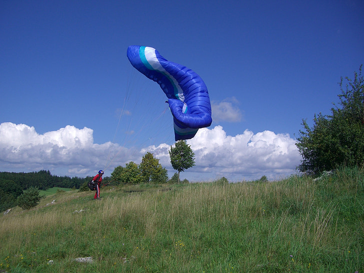 paragliding, start trial, pilot, paraglider, floating sailing, sky, blue