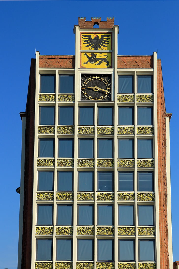 town hall, düren, building, town hall clock, coat of arms, clock, architecture