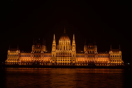 Parlement, Budapest, bâtiment du Parlement hongrois, capital, La nuit, bâtiment, Danube