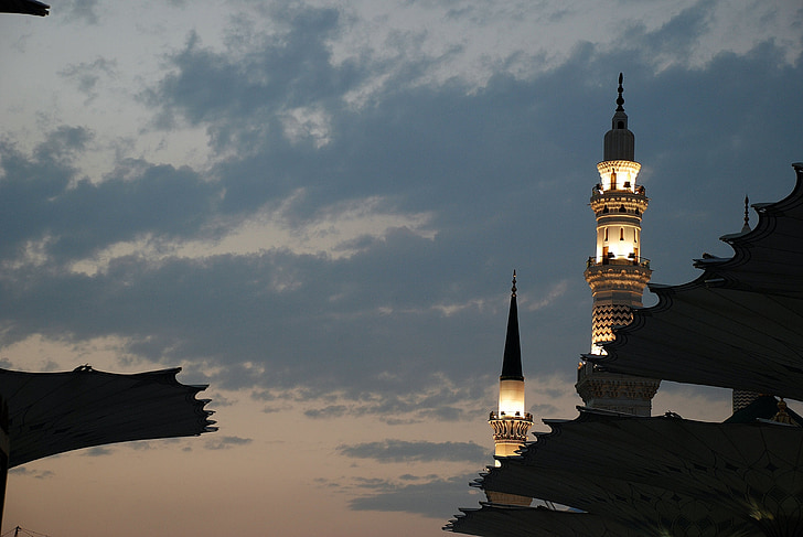 mina, mecca, buildings, towers, spires, illuminated, dusk