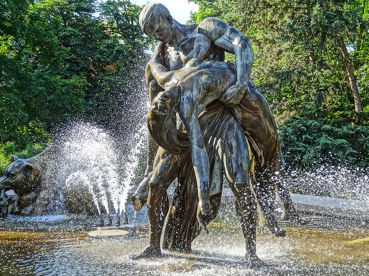 fontanna ptop, Bydgoszcz, strūklaka, Tēlniecība, statuja, ūdens, bronzas