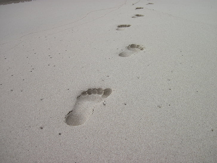 footprints, sand, beach, footprint, tracks in the sand, barefoot, holiday