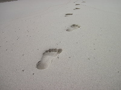 fotspår, Sand, stranden, fotavtryck, spår i sanden, barfota, Holiday