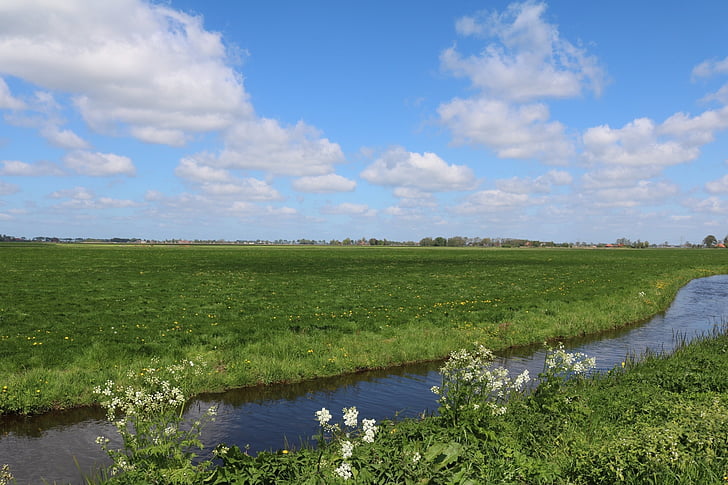 kanalas, Olandijoje, Nyderlandai, pieva, Platus, dangus, vandens