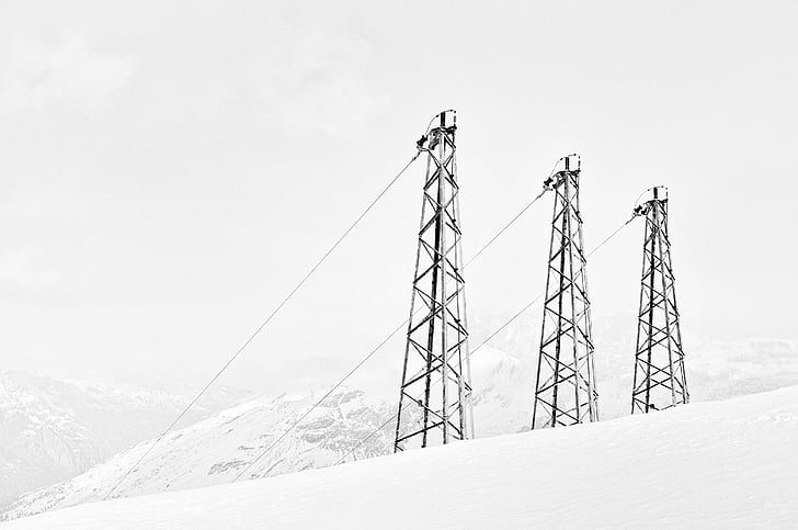 three, black, transmission, towers, surrounded, snow, power lines