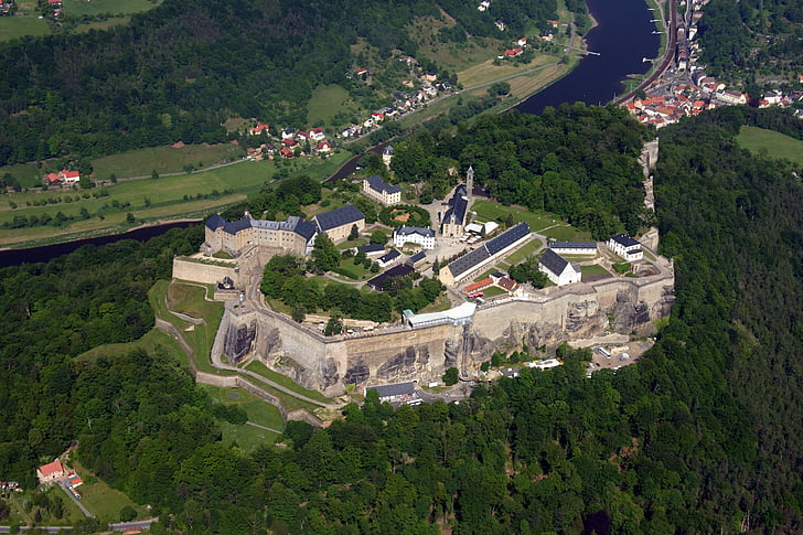 fästning, Königstein, sachsiska Schweiz, Tyskland, byggnad, Flygfoto, Castel