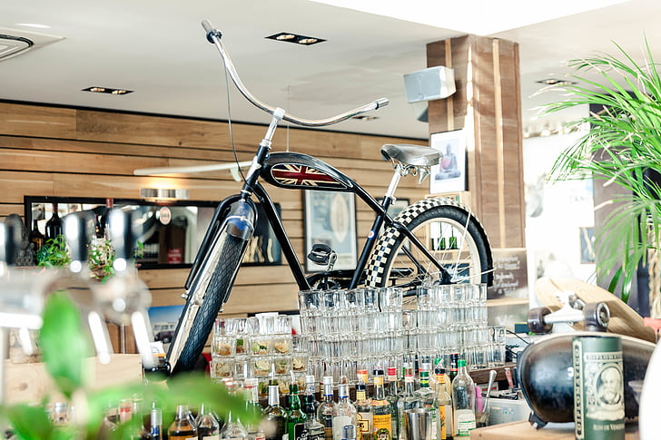 alcohol, alcoholic, bar, beverages, bicycle, bike, bottles