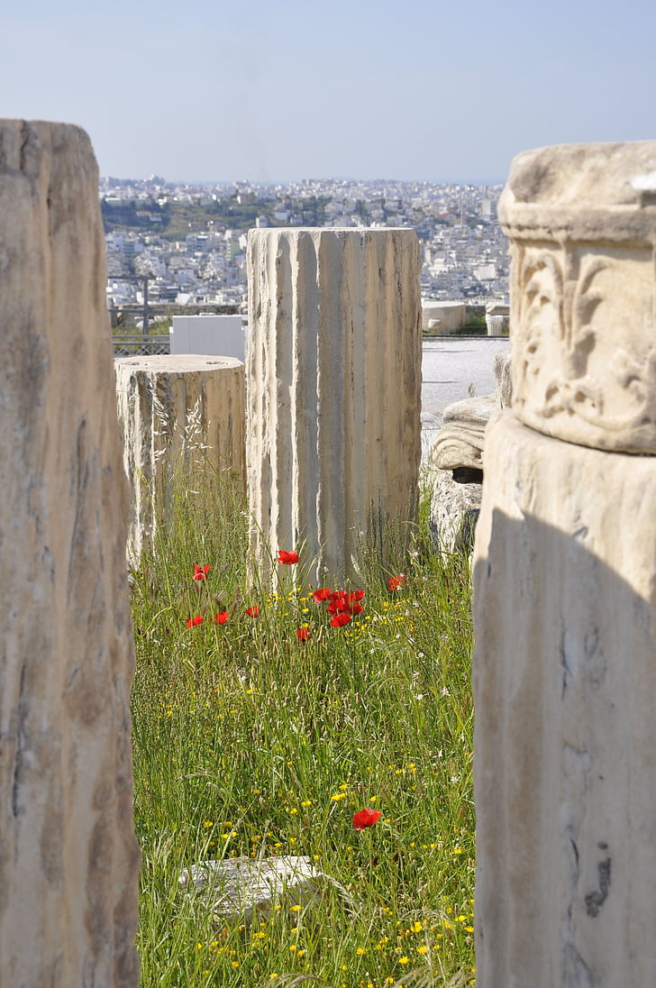 athens, poppy, columns, antique, holiday, temple, places of interest