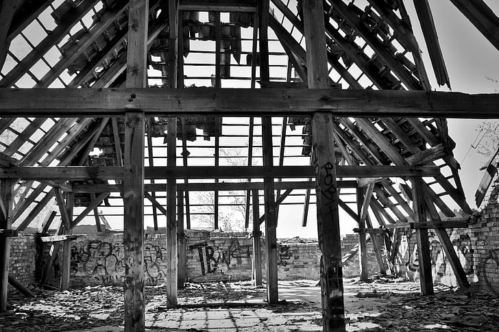 lost places, ruin, roof truss, pforphoto, storm damage, lapsed, ailing