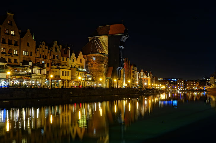 gdańsk, night, crane, evening, street, the old town, city