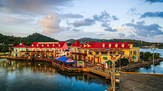 Roatan, Honduras, hamn, arkitektur, Tropical, Karibien, solnedgång