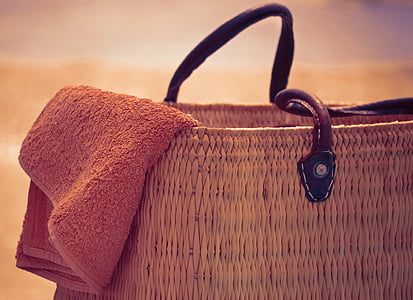 toalha e bolsa de praia, Verão, sol, férias, férias, relaxamento, saco