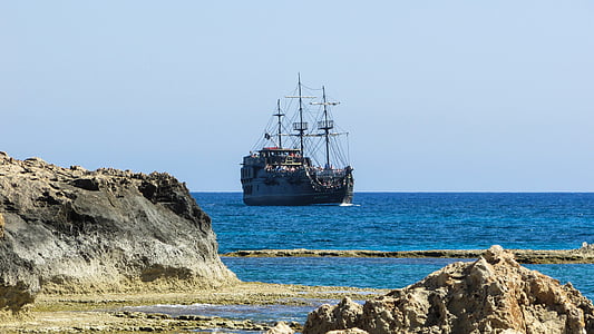 cyprus, ayia napa, rocky coast, cruise ship, pirate ship, tourism, leisure