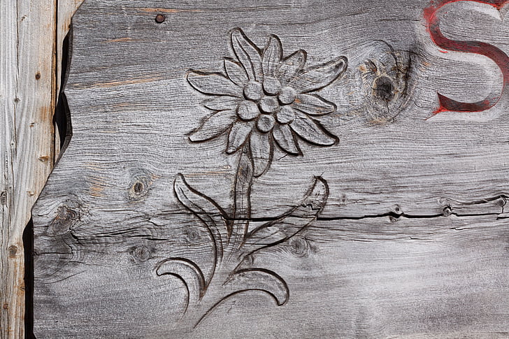 Edelweiss, vyrezávané, gravírovanie, drevo, Chata