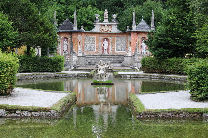 Salzburg, Zámek Hellbrunn, hrad, vodní hry, Architektura, rybník, voda