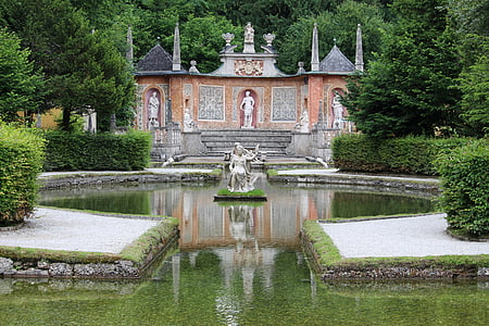 salzburg, hellbrunn-castle, castle, water games, architecture, pond, water