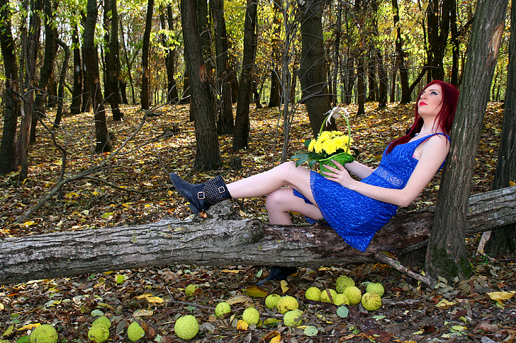 mergaitė, rudenį, miško, raudoni plaukai, grožio, augalija