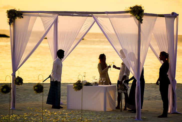 beach, beach wedding, bride, celebration, ceremony, couple, dawn