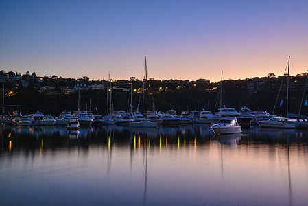 Sydney, Australia, amanecer, barcos, Marina, Puente de la escupida