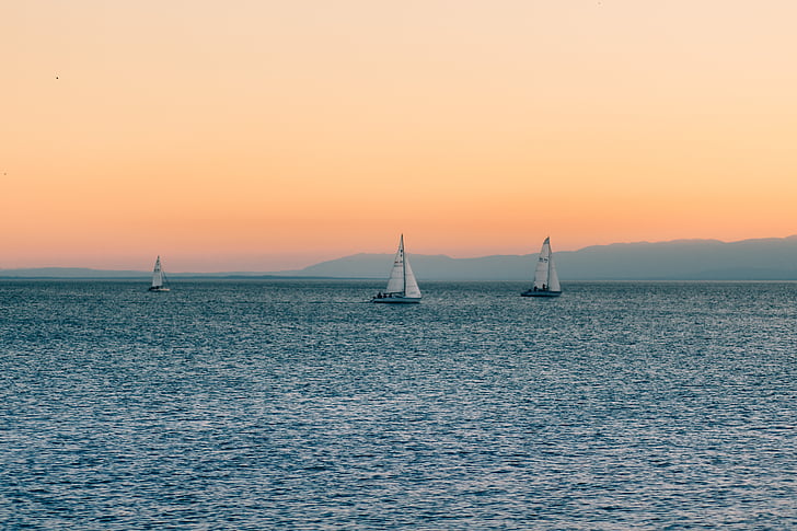 sunset, sky, sailboats, lake, water, horizon