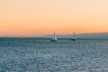 puesta de sol, cielo, barcos de vela, Lago, agua, Horizon