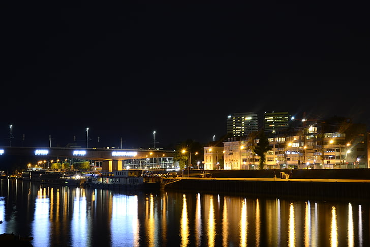 scena de noapte, Arnhem, Rin, Quay, apa, peisajul urban