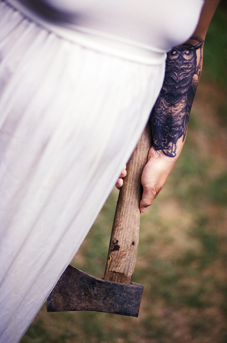 white dress, axe, tattoo, horror, scary, white, weapon