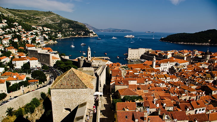 Dubrovnik, tak, vegger, gamlebyen, sjøen, byen, arkitektur