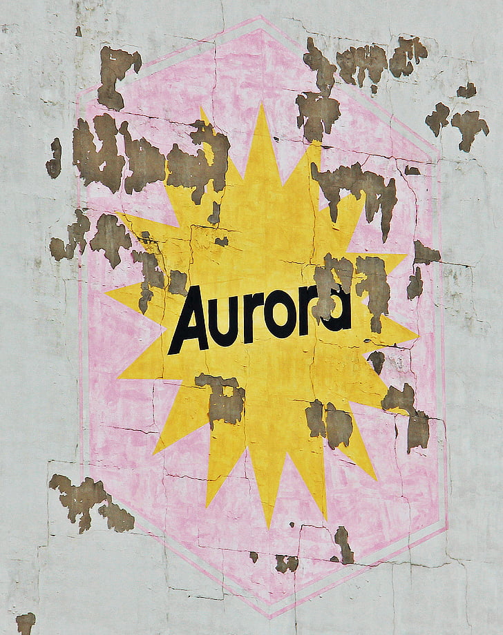 Aurora κτίριο, πρόσοψη, τοίχου, γράμματα, ξεπερασμένο, πατίνα, κτίριο